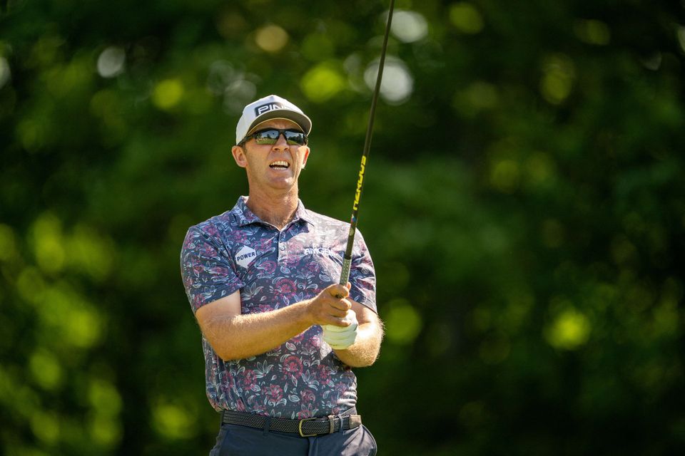 Séamus Power reacts to his tee shot on the second hole during the third round of the John Deere Classic golf tournament. Photo: Marc Lebryk-Imagn Images